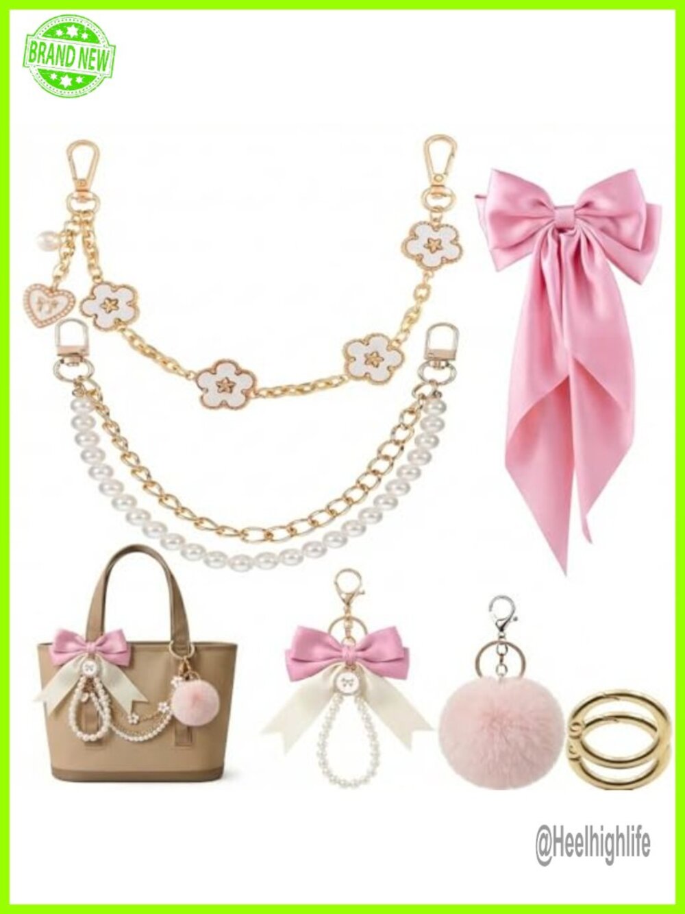 7pc Tote Bag Charm Set Satin Bow Pearl Chains Pompom Clips